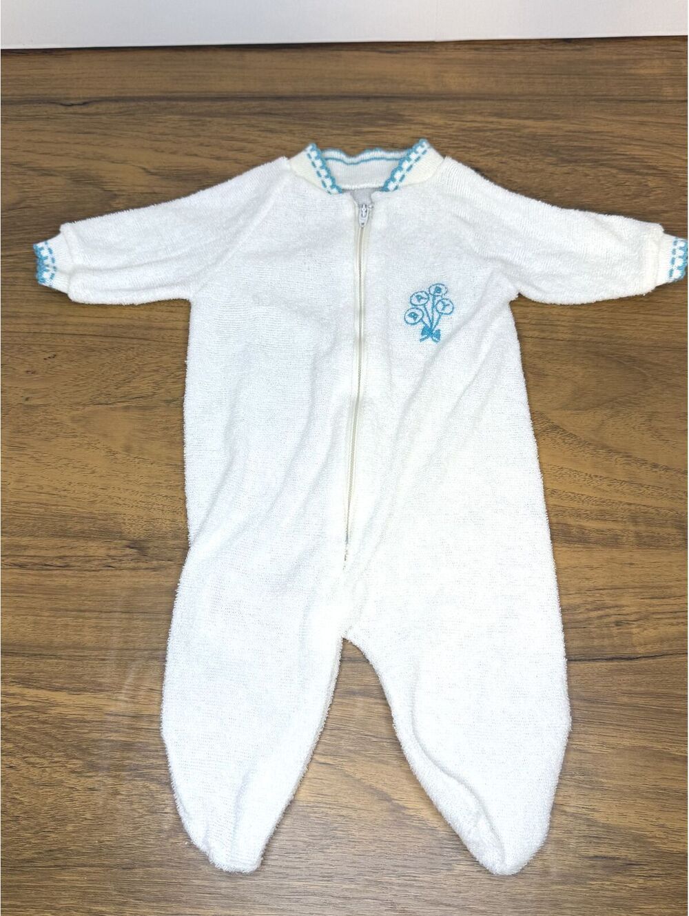 Vintage Baby Footed One-Piece White with Blue Trim & Floral Embroidery